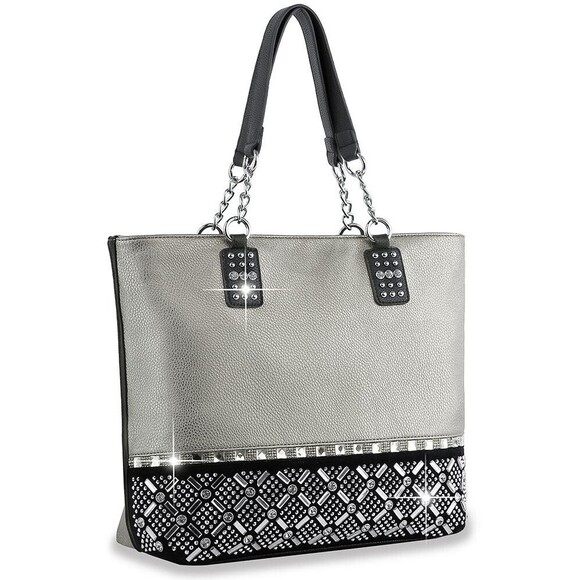 Pewter Bling Rhinestone Tote Glitter Shoulder Top Handle Large Capacity Handbag - Picture 1 of 2